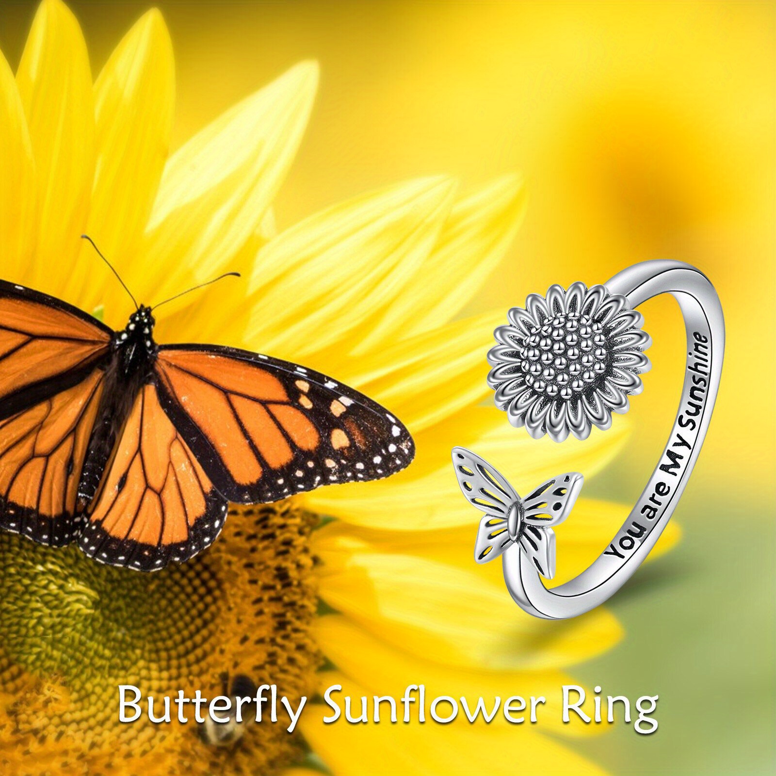 Sterling Silver Sunflower Butterfly Ring Vintage Adjustable